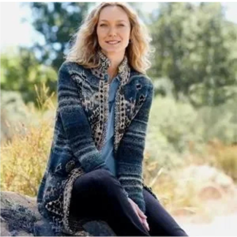 J. Jill Navy Blue Aztec design Knit long duster Cardigan - Picture 2 of 5